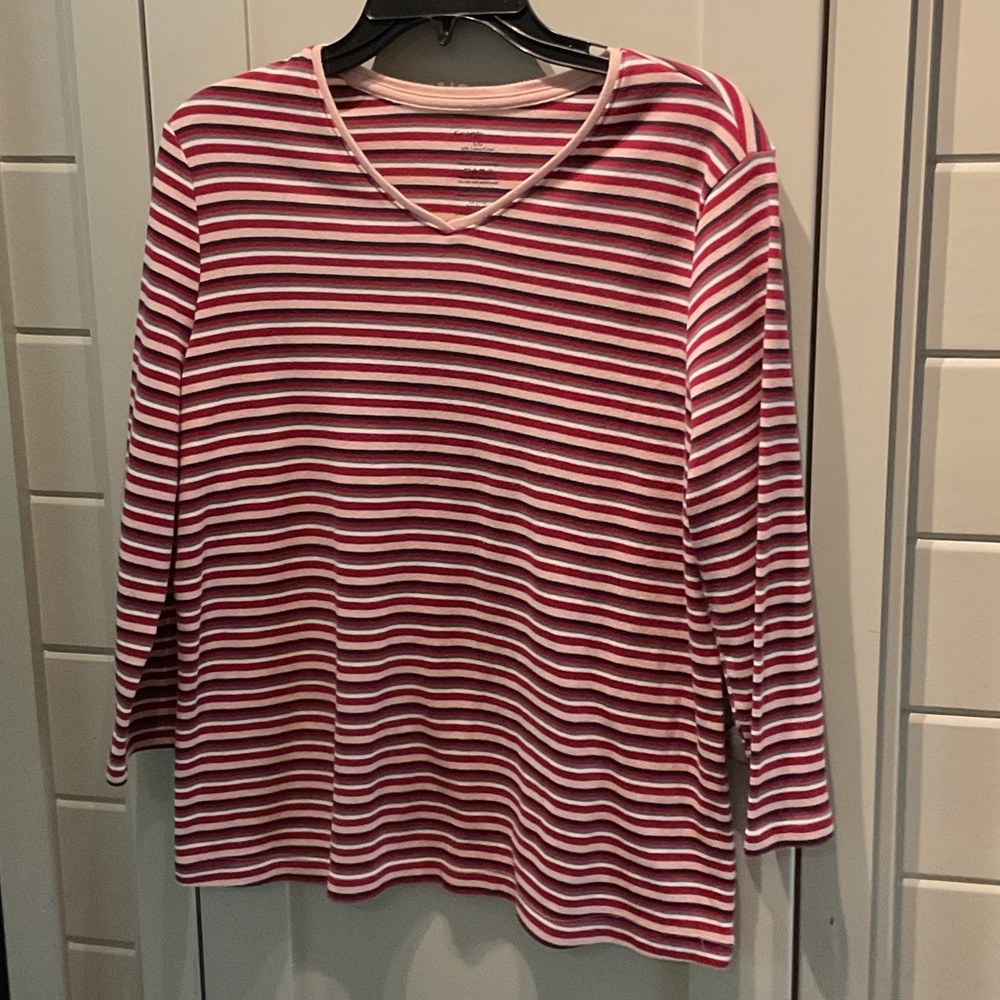 #184George cotton blend Red/White brown/pink Striped Long Sleeve Top Sz. Large